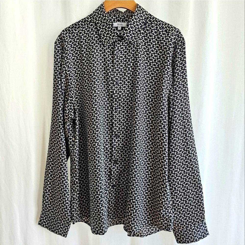 🇬🇧 REISS BROCO Black & White Print Long Sleeve Satin Blouse